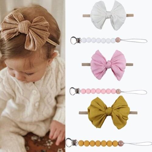 2Pcs Newborn Baby Infant Bow Knot Hair Band Suit Milestone Card Pacifier Chain Bracelet Animals Photography Set Bow Headband