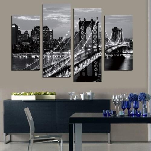 4 piece of modern fresco the brooklyn bridge in New York home decoration art black and white photos printed on the canvas