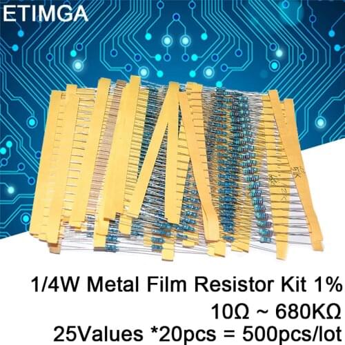 500pcs/lot 1/4W Metal Film Resistor Kit 10Ω ~ 680KΩ 1% Tolerance Color ring resistor 25Values x 20pcs