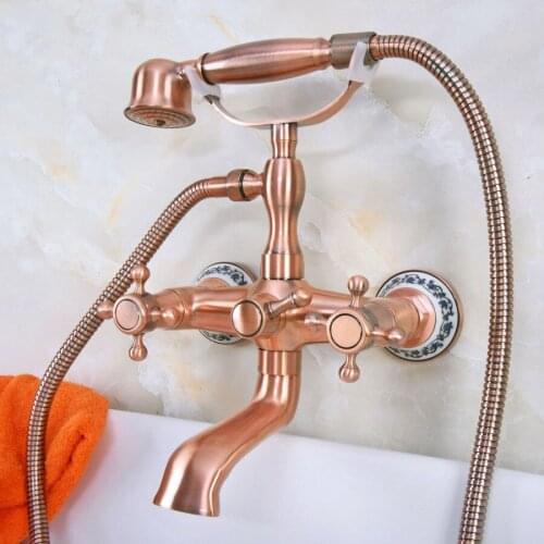 Antique Red Copper Brass Dual Cross Handles Wall Mounted ClawFoot Bath Tub Faucet Mixer Tap With Hand Shower Spray mna338