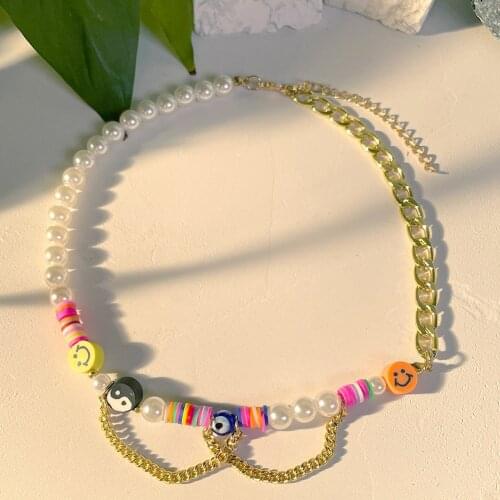 Boho Asymmetry Smiley Irregular Pearl Beaded Necklace For Women Candy Bear Evil Eye Gossip Bead Heart Charm Chain Choker Jewelry