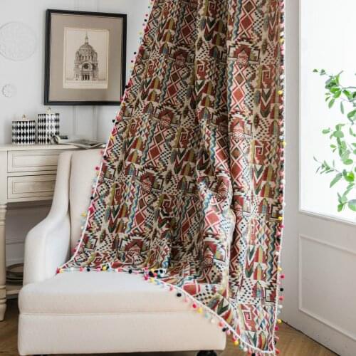 Color Geometric Tassel Curtains Boho Wool Ball Lace Kitchen Curtains Semi-Shading Bedroom Bay Window Curtains Home Decoration