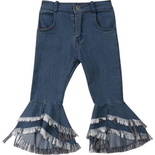 Emmababy 2019 Toddler Baby Girls Casual Tassel Denim Long Pants Summer Jeans Ruffle Flare Trousers Autumn 2-7Y