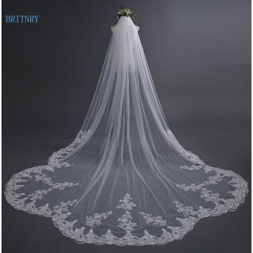 BRITNRY 3 Meter Ivory Cathedral Wedding Veil with Comb Long Lace Edge Bridal Veil High Quality Wedding Accessories Real Pictures