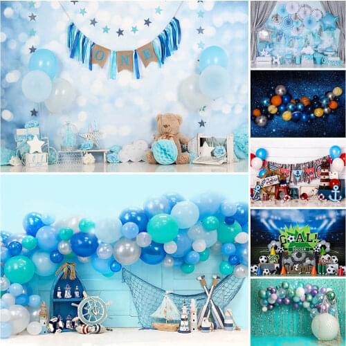 1st Birthday Background for Photography Blue Balloons Newborn Baby Photographic Studio Photo Backdrop Bear Stars Decor Props