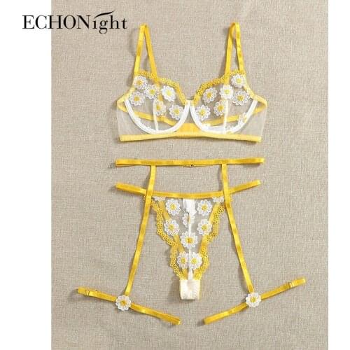 Echonight Floral Embroidery Lingerie Set Transparent Erotic Costumes Female Lingerie 3 Piece Bra with Bones Exotic Costumes