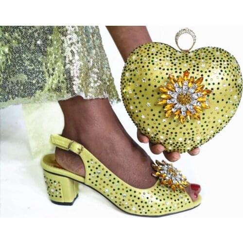 Beautiful yellow women pumps match heart style bag set with crystal african shoes and handbag for dress G69,heel 6.5CM