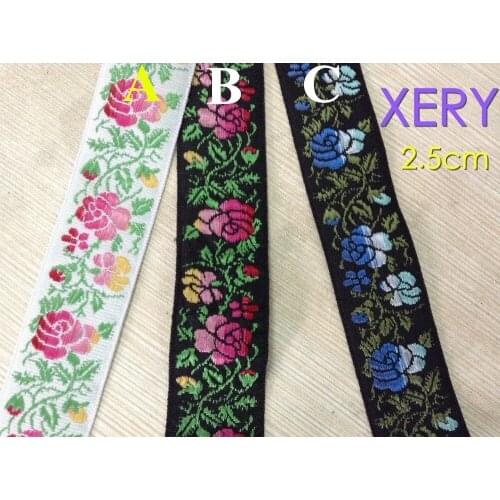 2.5cm nation style single face rose jacquard ribbon trimming,black and white colors,XERY768t