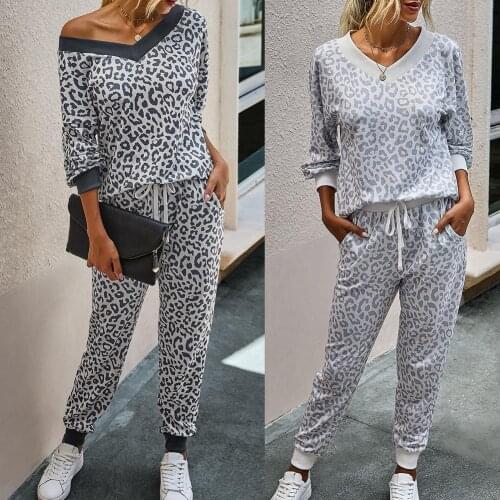 Fashion Women Leopard Tracksuit Outfit Long Sleeve Blouse Top Pants Trousers