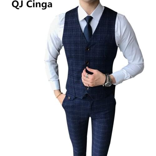 Single Breasted V Neck Navy Blue Check Sleeveless Jacket Vest Pants Men 2 piece set Wedding Party Slim Mens Suit Vest+Trousers
