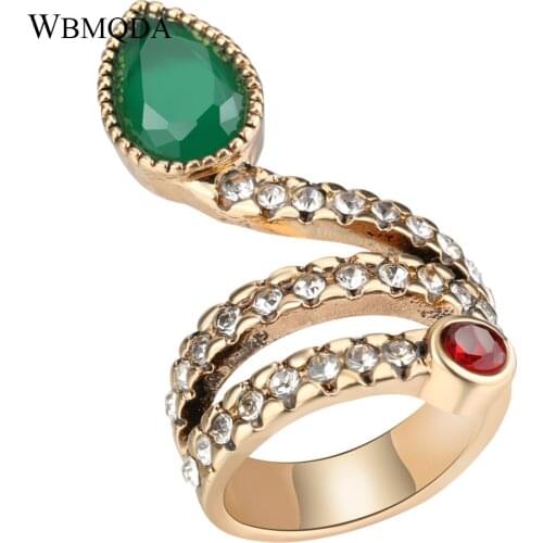 2018 New Arrivals Fashion Snake Shape Layered Finger Ring Vintage Indian Gold Color Crystal Women Rings Jewelry