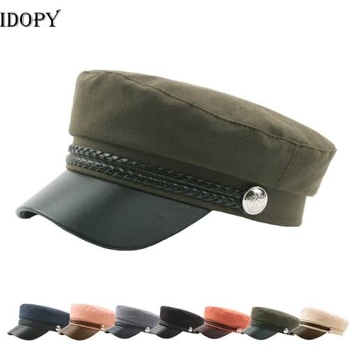 Idopy Casual Cotton Military Man Woman Pu Leather Beret Flat Hats Captain Cap Trucker Vintage Black Sport Dad Bone Cadet