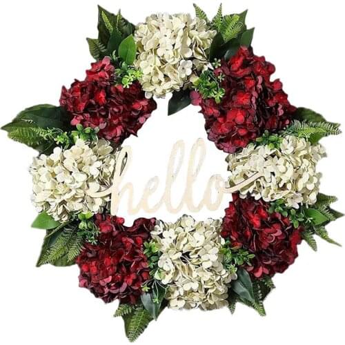 Wreath for Front Door Spring Summer Wreath Red White Hydrangea Wreath Handmade Wreath Hello Wreath Farmhouse Wreath