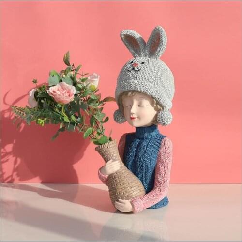 Nordic Bouquet Girl Vase Fake Flower Arrangement Resin Ornaments Home Livingroom Furnishings Crafts Office Desktop Sculpture Art
