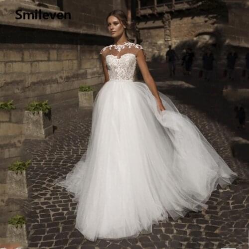 Smileven Boho Wedding Dress Cap sleeve Appliqued Lace Bridal Dresses Backless Vestido De Noiva Beach Wedding Gowns
