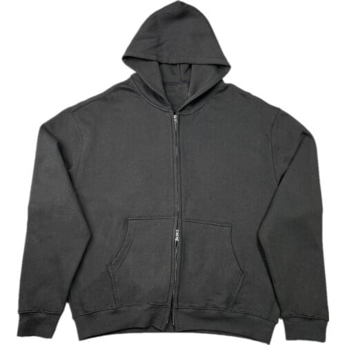 Dark Grey Fleece Zipper Hoodie Two-Way Zip Closure Raglan Tops Streetwear