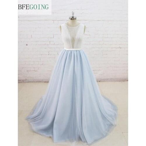 A-line Tulle Scoop Sleeveless Wedding Dress V-Back Floor-Length Court Train Real/Original Photos Custom made