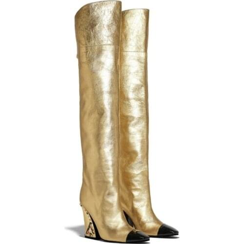 US4-11 Womens Pointed Toe Genuine Leather Gold Glitter Over Knee Thigh Boots Long Chunky High Heel Shoes Match Colors Plus Size