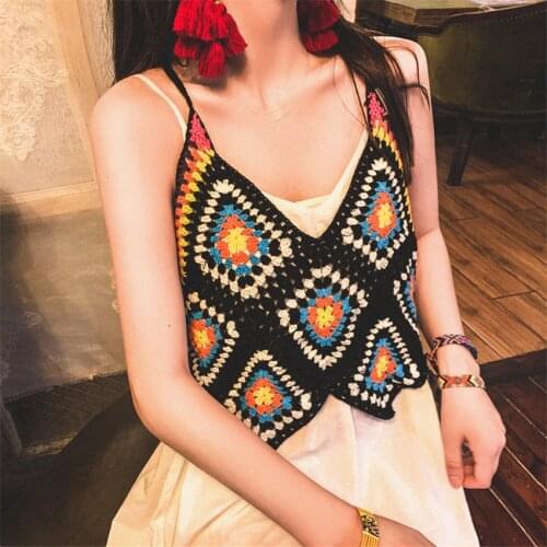 2021 New Bohemian Style Retro Crochet Camis Tanks Top Women Colorful Plaid Handmade Knitted Crop Top Holiday Beach Wear