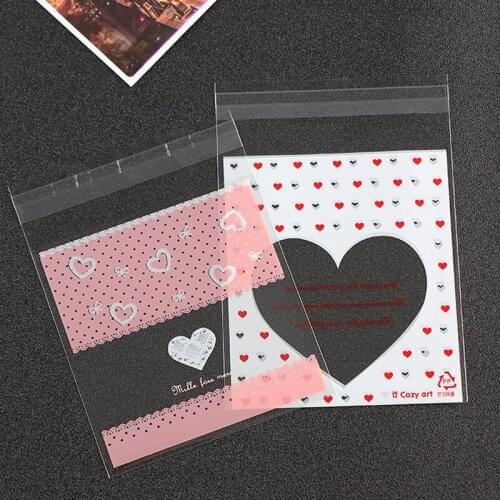 100Pcs Heart Pattern Plastic Bag Wedding Birthday Candy Cookie Gift Packaging Bags DIY Self Adhesive Party Favors 10x10cm