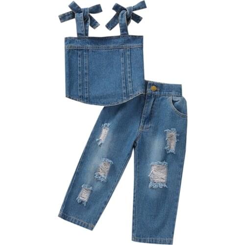 2021 Newborn Children Clothes Girl Toddler Baby Girls Clothes Sets Summer Denim Sleeveless Crop Top Jeans 2pcs Outfit Sets