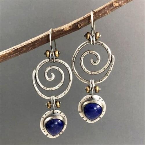 2020 Vintage Hollow Spiral Blue Stone Drop Earrings For Women Tribal Jewelry Metal Antique Silver Color Whirl Ethnic Earring