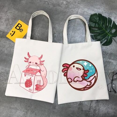 Axolotl Women Canvas Shopping Bag Letters Print Female Cloth Shoulder Bag Eco Handbag Tote Reusable Grocery Shopper Bags