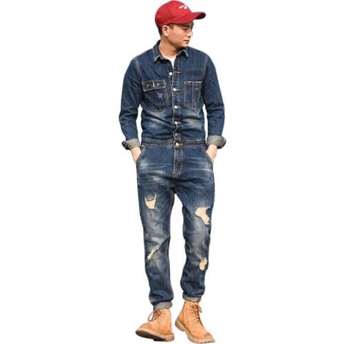 Spring Retro Bib Overalls Men Denim Jumpsuits Long Sleeve Fashion Hole Ripped Jeans Blue Cargo Pants Tapered Casual Trousers