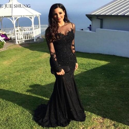 E JUE SHUNG Black Lace Appliques Mermaid Evening Dresses long 2020 Long Sleeves Formal Dresses Evening Gowns