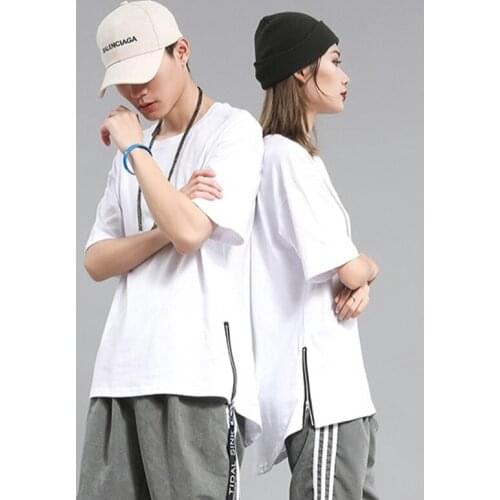 Streetwear Mens Cotton T-shirt Half-length T-shirt Homme Hip Hop Ribbons Side-zipper Short Sleeve Women T Shirts for Couples