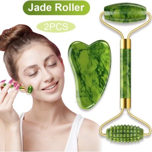 2PC Face Massager Green Jade Rollers Facial Skin Care Tools Natural Stone Gouache Scraper For Face Beauty Roller Massagers Set