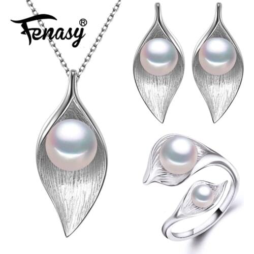 FENASY 925 Sterling Silver Jewelry Sets Natural Pearl Stud Earrings Custom Bohemian Pendant Chain Necklace For Women Ring Set
