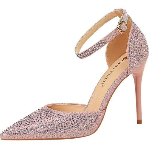New 2020 Sweet Stilettos Shallow Mouth Shiny Rhinestone Women Sandals High Heel Sandals Womens Shoes