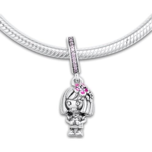 Fits for Pandora Beads Bracelets Chinese Flower Girl Dangle Charms 100% 925 Sterling Silver Jewelry Free Shipping