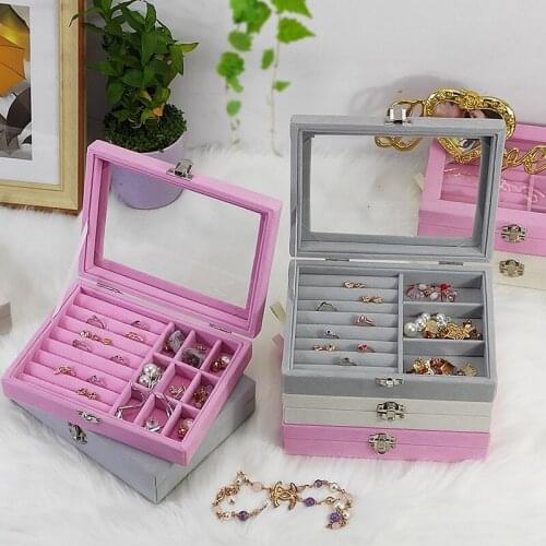 Portable Velvet Jewelry Storage Box With Lid Necklaces Rings Earrings Display Organizer Showcase
