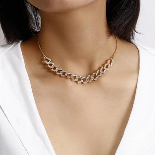 TIMEONLY Exaggerated Bling Crystal Rhinestone Cuban Chain Necklace for Women Gold Color Alloy Wide Link Chokers Necklaces Gifts