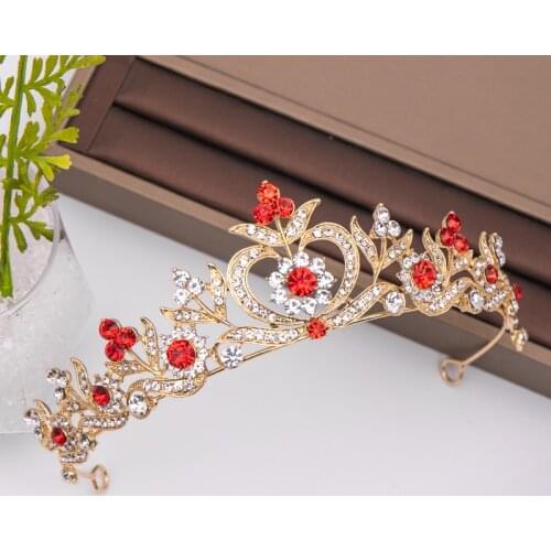 Trendy Gold RedRhinestone Crystal Crown Flower Bridal Hair Accessories Wedding Headpiece Hair ornaments Bride Hair Jewelry crown