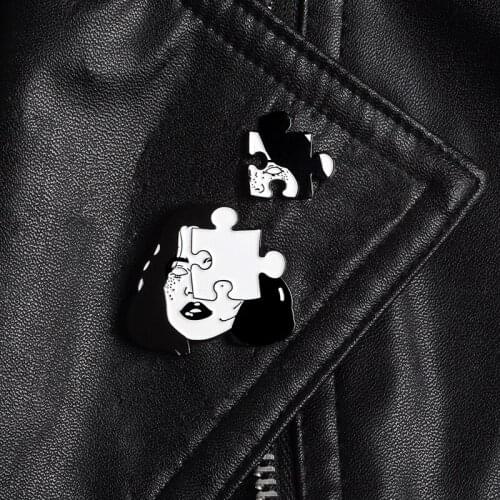 Woman face jigsaw enamel pin Punk gothic black and white style badge brooches Clothes backpack bag Lapel pins Accessories gift