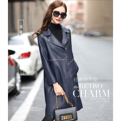 2021 Spring and Autumn Fashion Personality Simple Sheep Skin Down Windbreaker Coat Leather Coat Womens Middle Length