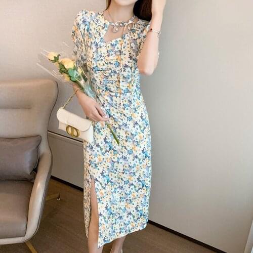 Summer French Flower Midi Dress Temperament Split Dress Female High Waist Vestidos De Festa Chic Womens Clothings
