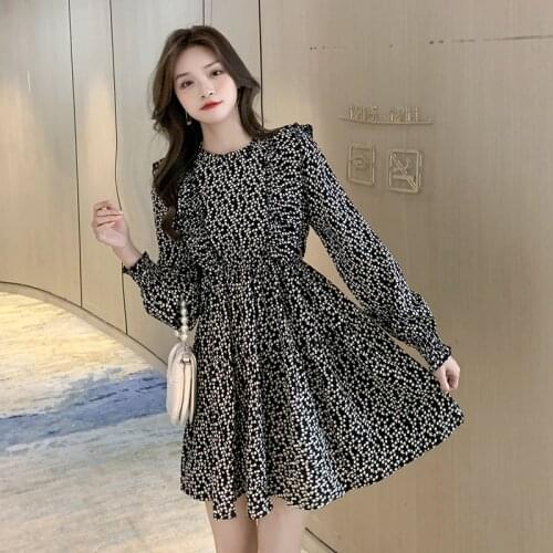 Women Korean Dress One Piece Autumn Winter Spring 2021 New Office Lady Fashion Long Sleeve Floral Print Dresses