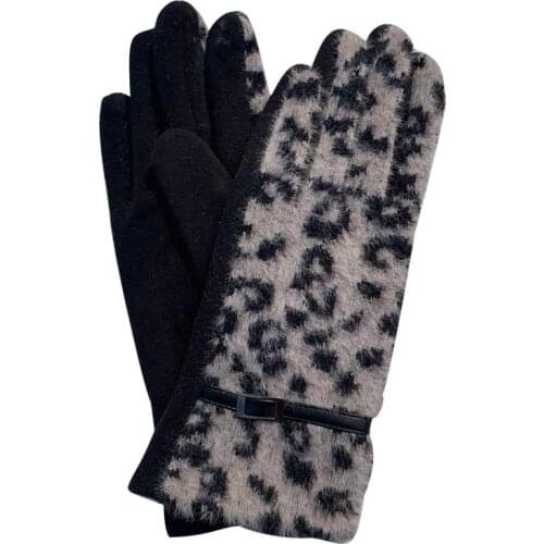 Winter Women Cashmere Leather Buckle Warm Sport Cycling Mitten Leopard Ferret Fleece Embroidery Touch Screen Driving Glove I78