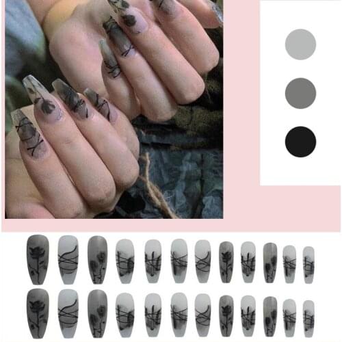 2021 24pcs Black Rose Wear Long Paragraph Fashion Manicure Patch False Nails Save Time Wearable Nail Patch