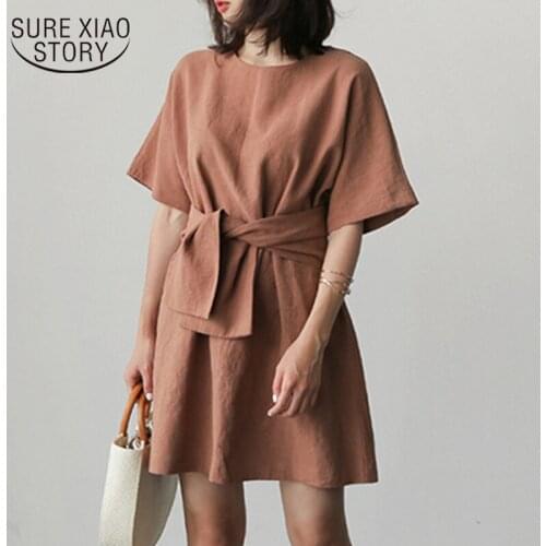 2021 Casual Loose Solid Short Sleeve Women Above Knee Dresses Summer Dress Cotton Pullover O-neck Women Dress Vestidos 8791 50