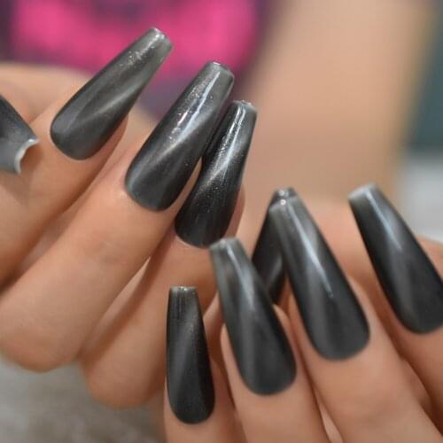 Extra Long Cat Eyes Acrylic Nail Tips Shiny Tapered Glamour Professional Nail Art Black Shimmer Finger Nails