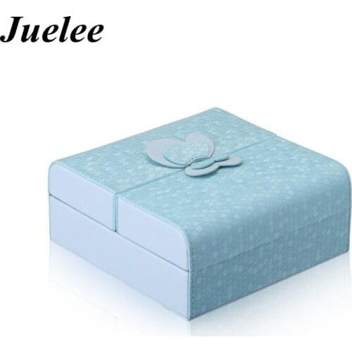 Juelee Double Open Bow Style Jewelry Box PU Leather Necklace Ring Magnetic Jewelry Case for Woman