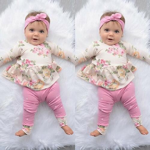 3Pcs Newborn Baby Girls Floral Tops Dress Pants Leggings Outfits Clothes 0-24M Pure Cotton Printing Floral