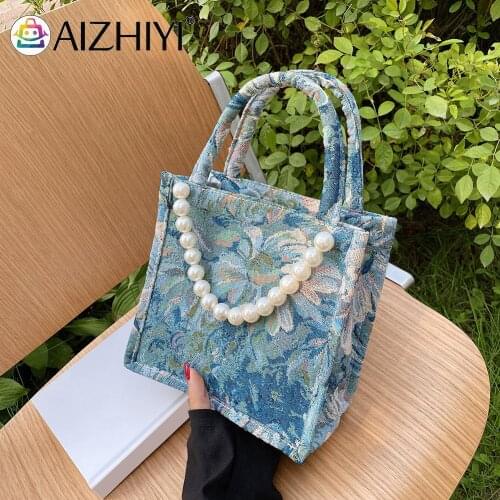 Fashion Women Flower Pattern Printing Shoulder Shopping Bag Casual Ladies Small Pearl Chain Tote Handbags