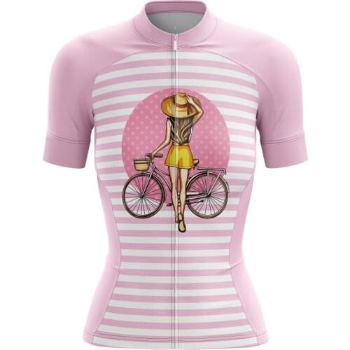 HIRBGOD 2021 Fashion Girl Cycling Jersey Summer Ladies Bike Clothing Pink Stripes Wielertrui Top Short Sleeve Shirt,TYZ743-01