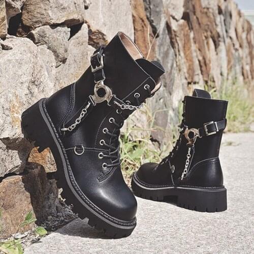 Fashion Women Mid-Calf Motorcycle Boots Spiral Metal Gothic Punk Chain Buckle Side Zip Booties Femals Martin Boots